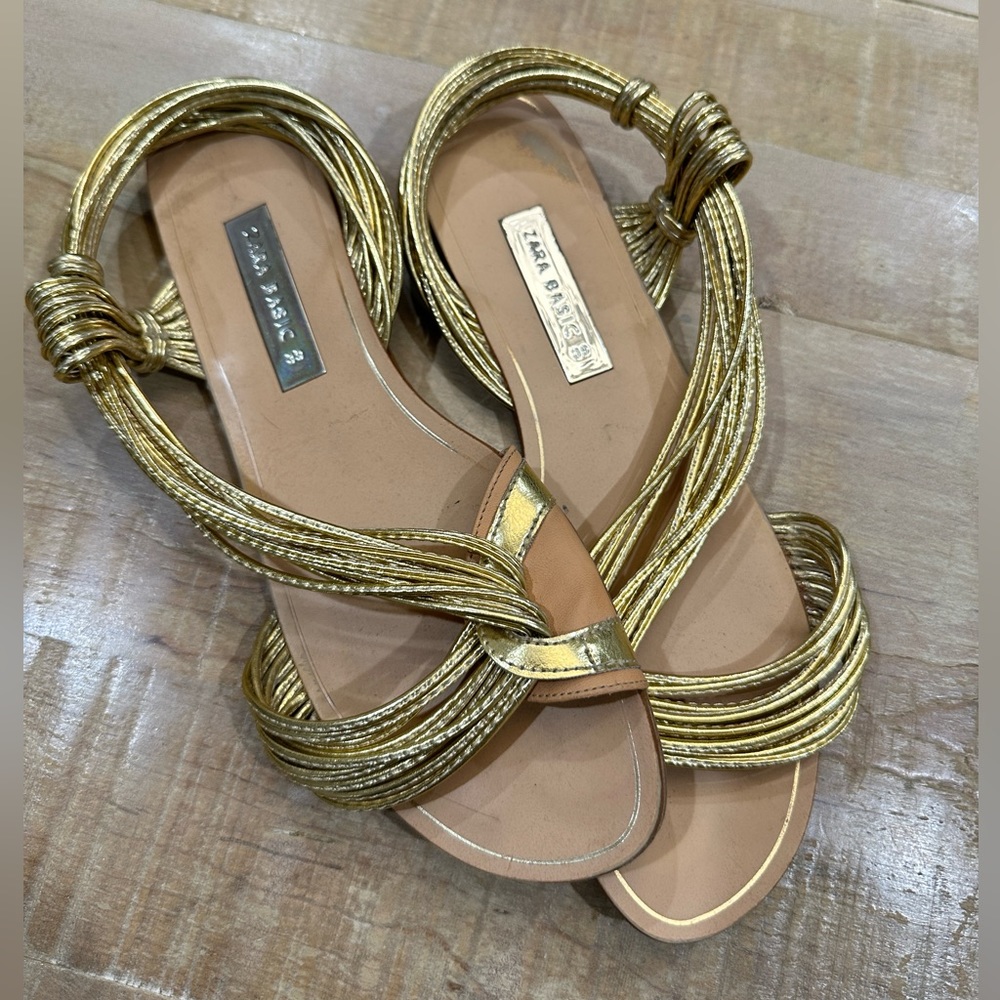 Zara gold strappy sandals flats
